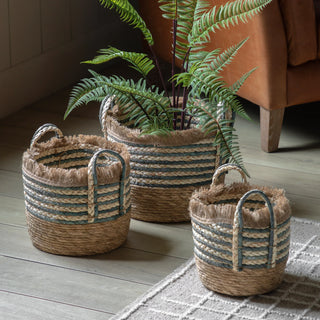 Fringed Woven Basket Ink Stripe (Set of 3) - KC at HOME