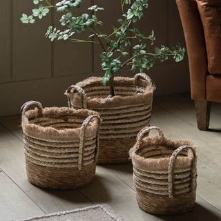 Fringed Woven Basket Brown Stripe (Set of 3) - KC at HOME